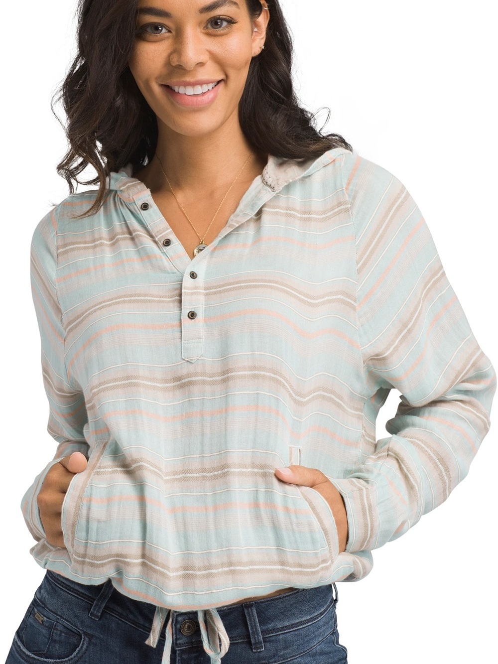 prAna Striped Hooded Pullover Cotton Gauze Drawstring Top Blue Pink Size XL